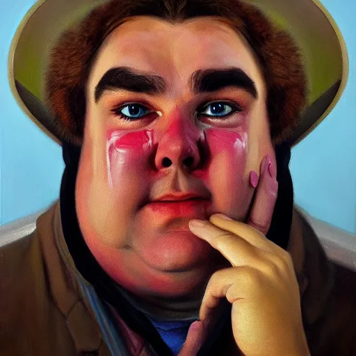 Image similar to portrait of john candy crying in the metaverse, fire and pain, oil on canvas by william sydney mount, trending on artstation