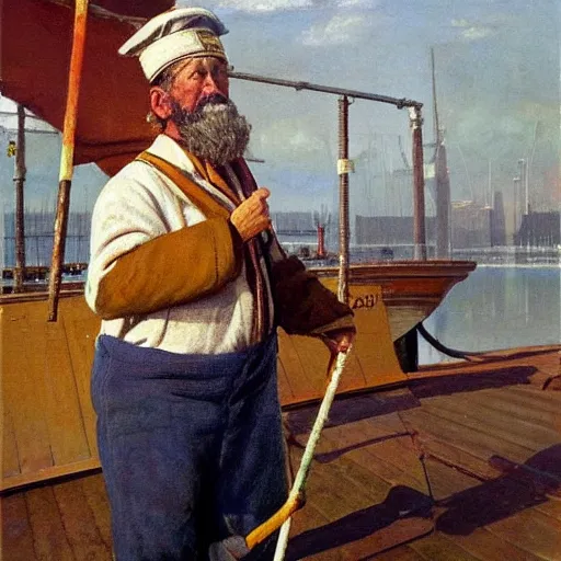 Image similar to painting of sailor hobo hyperrealism vasily vereshchagin at harbor steamboat