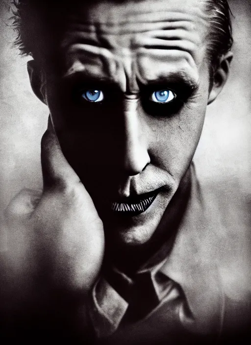 Prompt: photo of Ryan Gosling as the Joker by Lee Jeffries, evil smile, head shot, detailed, award winning, trending on arstation, Sony a7R