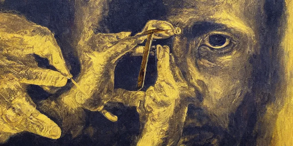 Prompt: golden abstract painting of a man removing a nail from his third eye