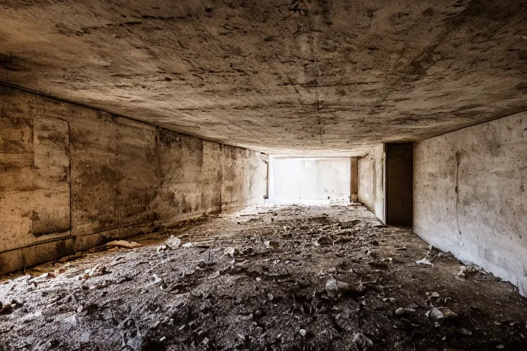 Prompt: photo of long room in underground abandoned bunker, backlight, shot on nikon d 7 5 0