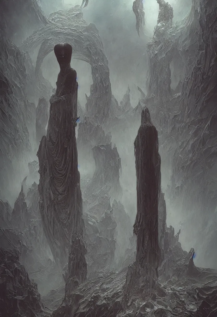 Prompt: ominous figure standing at the opening of an interdimensional portal, by daniel - by greg rutkowski and raymond swanland hr giger and zdzislaw beksinski and alphonse mucha and moebius, matte painting, hyperdetailed, symmetry, art nouveau, beautiful render, concept art