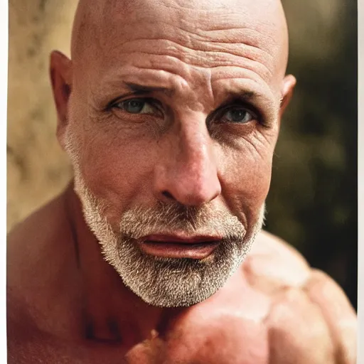 Image similar to a muscular bald man two turbines back, portrait photograph, nikon 3 5 mm, photograph by annie leibovitz and steve mccurry