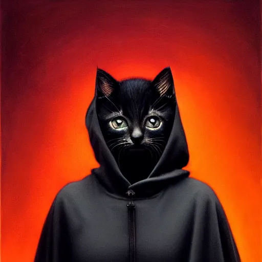 Image similar to a portrait of a kitten wearing a black hood, cloak covering face, anatomically correct, beautiful perfect face, enigmatic, oil painting, matte, black background, Volumetric dynamic lighting, Highly Detailed, Cinematic Lighting, Unreal Engine, 8k, HD, by Beksinski