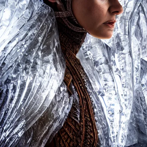 Image similar to a regal brown woman wearing an intricate and detailed armor made of ice. ice caves. glaciers. dramatic shadows. reflections. volumetric lighting. textures. delicate. translucent. studio portrait. photorealistic. octane render