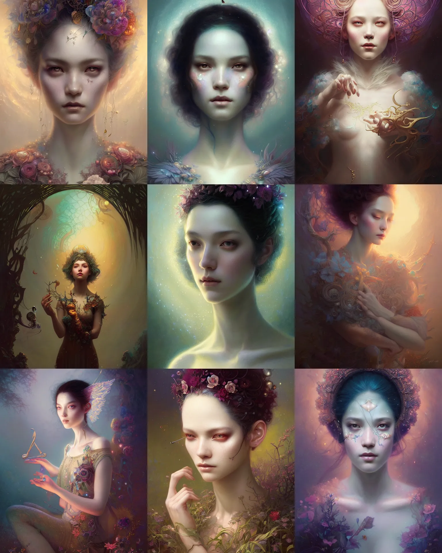 Prompt: museum curator of art and music, fractal crystal, fantasy beauty portrait by tom bagshaw, tooth wu, wlop, james jean, victo ngai, beautifully lit, muted colors, highly detailed, artstation, fantasy art by craig mullins, thomas kinkade