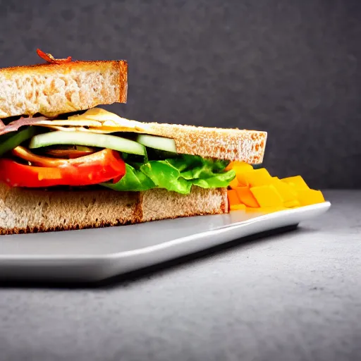 Prompt: sandwich of led lights with tofu, tomat, onion, jalapeno and cheddar, studio photo, amazing light