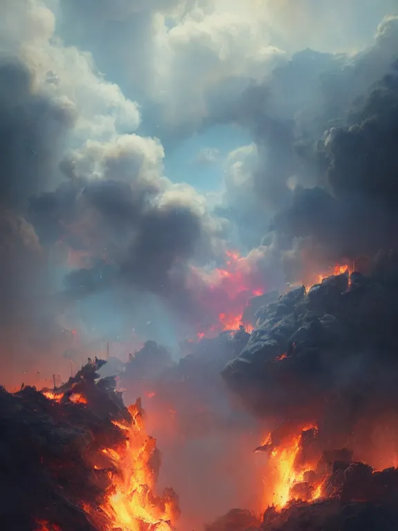 Image similar to photo of 8k ultra realistic oil wells on fire ,heavy clouds, smoke, full of colour, cinematic lighting, battered, trending on artstation, 4k, hyperrealistic, focused, extreme details,unreal engine 5, cinematic, masterpiece, art by Peter Mohrbacher