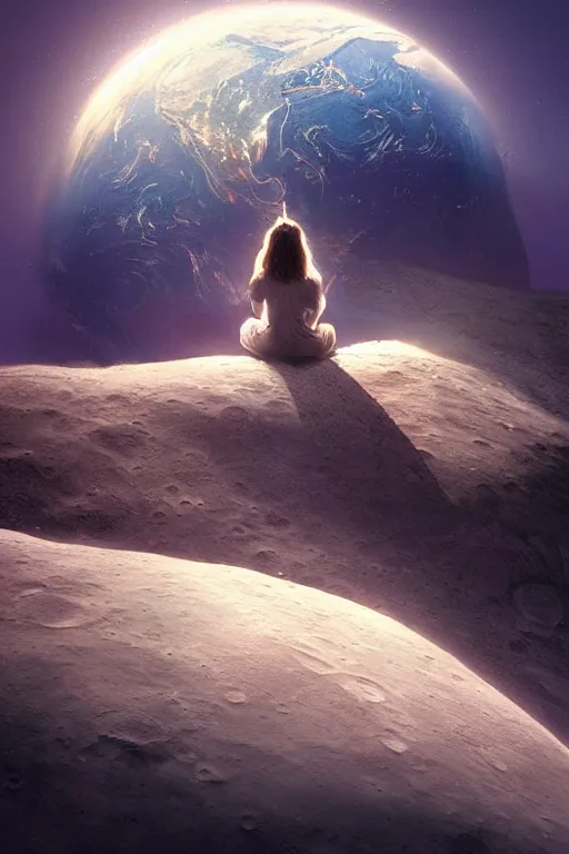 Image similar to Woman sitting on the moon with a view of the earth in the background, elegant, digital painting, highly detailed, artstation, concept art, smooth, sharp focus, illustration, art by artgerm and greg rutkowski.