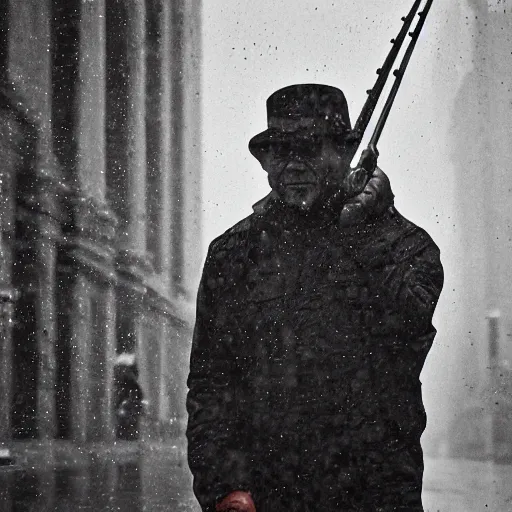 Image similar to closeup portrait of a man fishing in a rainy new york street, photography