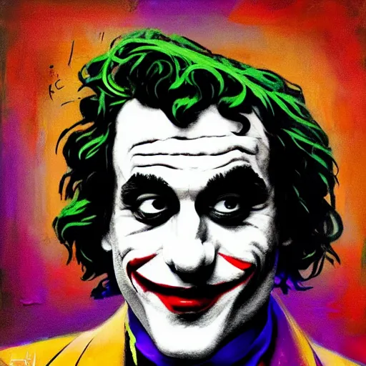 Image similar to ilya yefimovich repin and mimmo rottela and banksy as joaquin phoenix skinny joker, holding hand, lady gaga harley queen, ultra photorealistic, intricate details, pop art style, concept art, confident posse, random object details, 3 colours, warm color, 4 k, ultra smooth, sharp focus