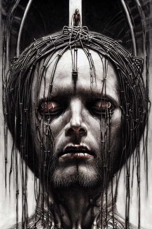 Prompt: a portrait of a cybernetic jesus nailed to a cross, wires, horror art by beksinski and giger and seb mckinnon and josan gonzalez, digital art, highly detailed, intricate, sharp focus, trending on artstation hq, deviantart, pinterest, unreal engine 5, 4 k uhd image