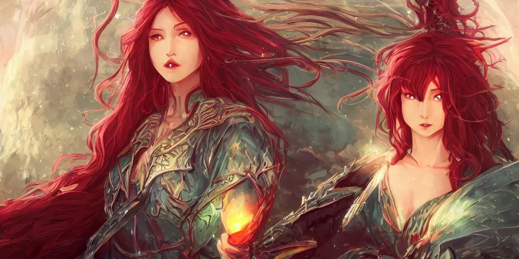 Image similar to an elven sorceress with red long hair in a very good beautiful heavy scale armor, wearing a cape, casting a fire spell, dungeon background, magical, bright, colorful, fantastic lighting, amazing details, 4 k uhd, illustration by hayao miyazaki and makoto shinkai and ilya kuvshinov, artstation, pixiv,