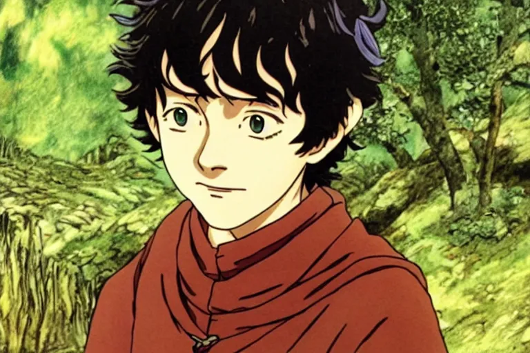 Image similar to frodo in the anime lord of the rings by studio ghibli, movie still frame, very detailed, artwork by hayao miyazaki, kentaro miura, satoshi kon, high quality, sharp image, high resolution, hd, 7 2 0 p, 4 k