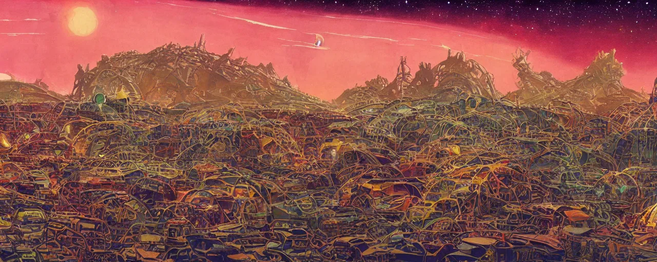 Prompt: illustration of a vast cosmic junkyard on a barren world. the environment is cluttered with colourful old broken sci fi vehicles. Landscape image showing a huge tangle of junk with a vast shipwrecks by roger dean. a distant mountain and stars in the sky. Moebius & Jean-Claude Mézières. digital painting. extremely detailed science fiction art. high resolution image.