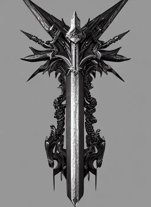 Image similar to a black great sword skull crest, orthographic, ornament, weapon, a 3 d render by dom qwek, front side full, trending on polycount, artstation, hard surface modeling, rendered in maya, zbrush, blender, hd, vray, berserk, symmetry