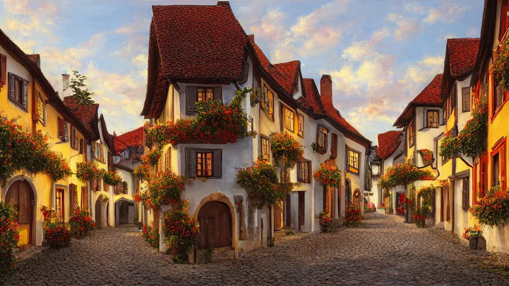 Prompt: High-Quality realist painting of a narrow street in a traditional Bavarian village at dawn, peaceful, very detailed, digital art.