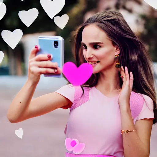 Image similar to a highly detailed college girl that looks like Natalie Portman taking a picture of herself trying to be an influencer with cute pink hearts in the air