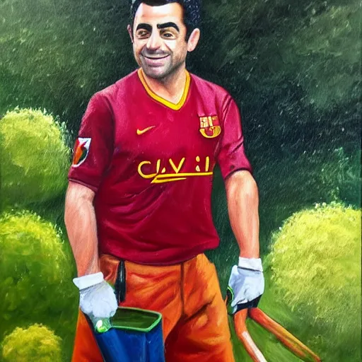 Prompt: high quality oil painting of Xavi Hernandez as a professional gardener posing for camera