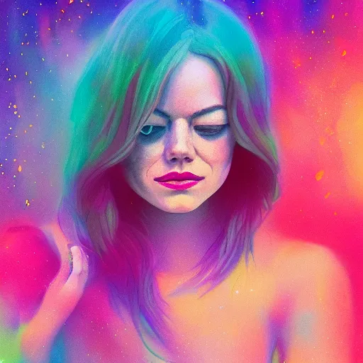 Image similar to surreal Emma Stone swimming in chromatic distortions in misty mysterious place, beautiful, psychedelic, lsd, trending on artstation, omnious, soft, artwork by Tran, Ross