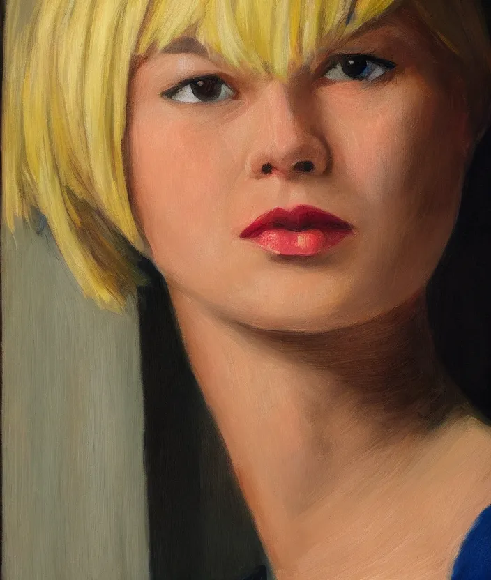 Image similar to a closeup portrait of woman with a blonde bob with bangs, in the style of edward hopper, very fine brush strokes, 4 k,