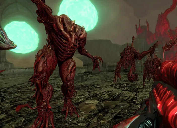 Image similar to ( doom ) screenshot featuring hellknight by kenneth scott in ue 5