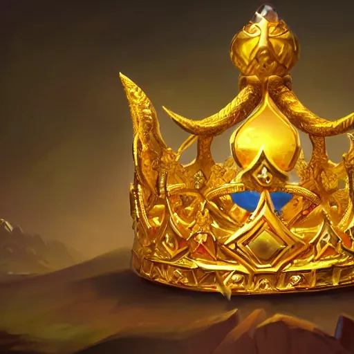 Image similar to a golden majestic king crown with gemstone carved into it, yellow theme, bright art masterpiece artstation. 8 k, sharp high quality artwork in style of jose daniel cabrera pena and greg rutkowski, concept art by tooth wu, blizzard warcraft artwork, hearthstone card game artwork, the crown