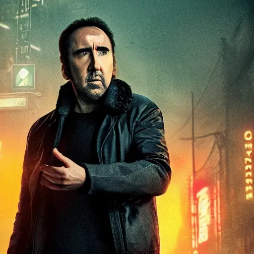 Prompt: production still of Nicolas Cage in Blade Runner 2049