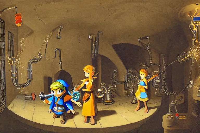 Prompt: illustration of zelda and link exploring a underground mechanical labyrinth, pipes, string lights, by Vermeer, fisheye lens