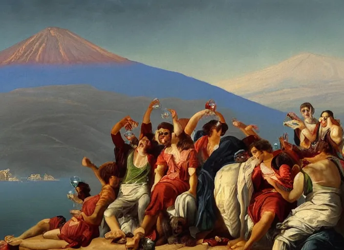 Image similar to detailed painting of average greeks drink wine and have fun against the backdrop of mount vesuvius starting to erupt by brullov