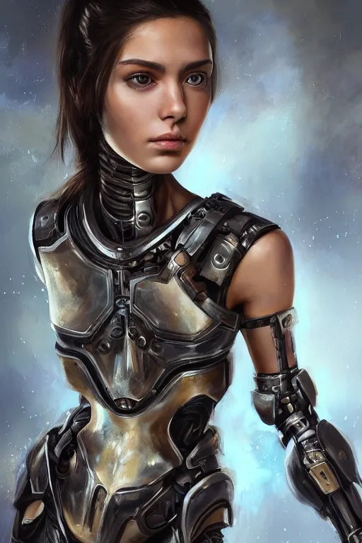 Image similar to a photorealistically painted portrait of an attractive young girl, partially clothed in cybernetic battle armor, with an abstractly painted background, flawless olive skin, fair complexion, long dark hair, beautiful bone structure, perfectly symmetric facial features, perfect photorealistic eyes, natural physique, intricate, elegant, digital painting, concept art, finely detailed, beautifully illustrated, sharp focus, minimal artifacts, volumetric lighting, from Metal Gear, by Ruan Jia and Mandy Jurgens and Artgerm and William-Adolphe Bouguerea, in the style of Greg Rutkowski, trending on Artstation, award winning art