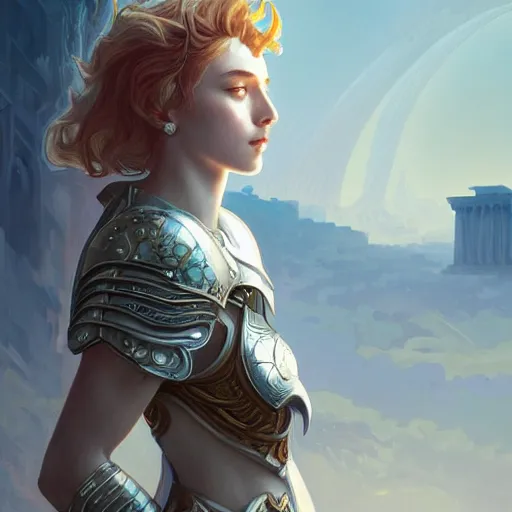 Prompt: portrait young knights of Zodiac girl, matt white color armor, in ruined Agora of Athens Sunrise, ssci-fi and fantasy, intricate and very beautiful and elegant, highly detailed, digital painting, artstation, concept art, smooth and sharp focus, illustration, art by tian zi and WLOP and alphonse mucha