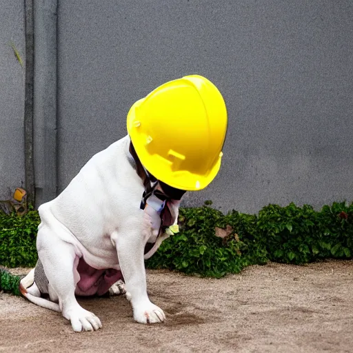 Prompt: A white olde english bulldogge operating heavy machinery while wearing a yellow hard hat