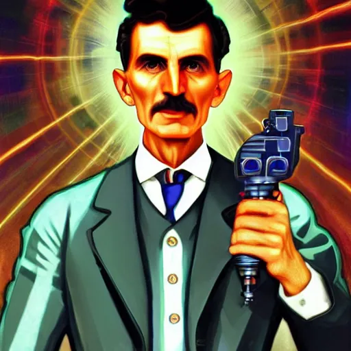 Image similar to [UHD Nikola Tesla as a GTA character on the streets of futuristic laserpunk Dallas, holding a wicked ray gun, correct face, intricate facial details, symmetrical face, elegant, graphic detail, digital painting, trending on artstation, concept art, tonalism, sharp focus, illustration, art by Akira Toriyama and Greg Rutkowski and Alphonse Mucha]