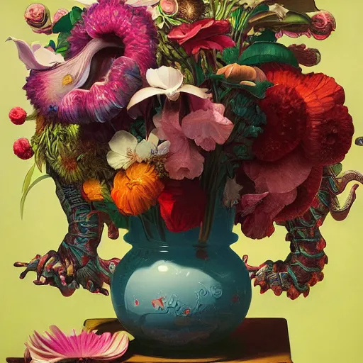 Image similar to hyper detailed illustration like a Oil painting - a vivid exotic flower bouquet, long petals, huge blossoms, by James Jean, Masterpiece, Edward Hopper and James Gilleard, Ross Tran, Mark Ryden, Wolfgang Lettl, hints of Yayoi Kasuma, surreal