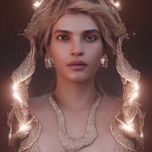 Image similar to full body detailed, ethereal, human body, covered in diamonds and other gems glowing, highly detailed face, elegant posed, intricate, extremy detailed, beeple, cgsociety, 3 d unreal engine octane render. cinematic lighting, highly detailed 4 k art