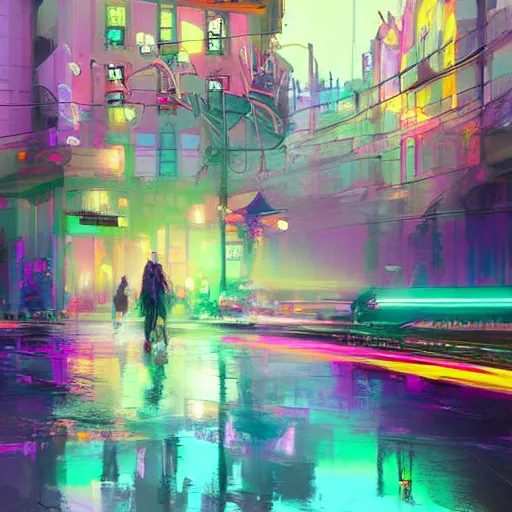 Image similar to digital art, strong emotional impact, bold pastel colors, spring day, expressive brushstrokes, puddles, an art deco streetscape lined with beautiful flowers, by liam wong and tyler edlin, trending on artstation