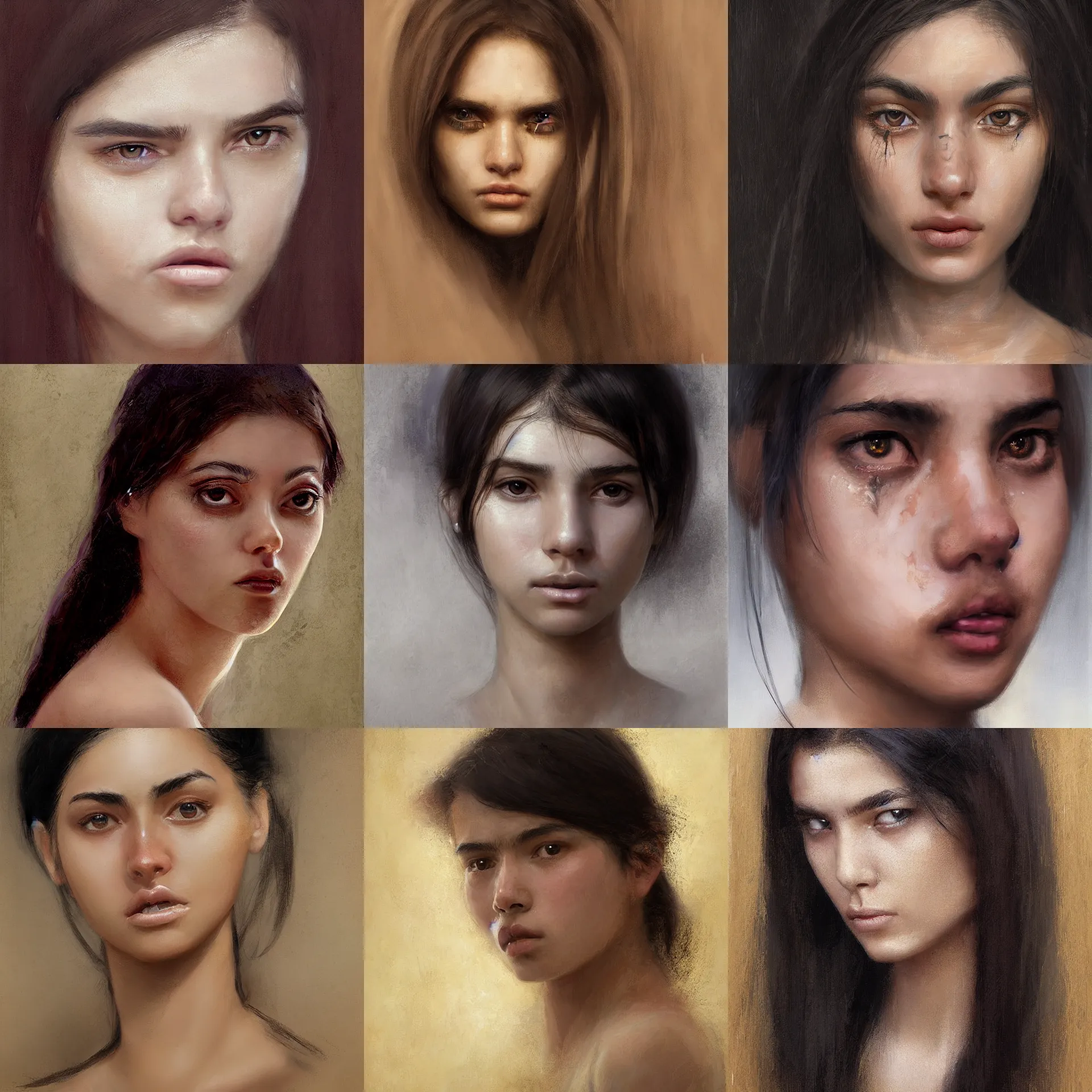Prompt: digital art portrait painting of a 2 0 years old white skin young latino woman, long free black straight hair, thick eyebrows, very small eyes, small straight nose, strong defined jaw, brown eyes, painted by craig mullins and gaston bussiere and greg rutkowski, symmetrical facial features, symmetrical face, defined facial features, beautiful face, dramatic lighting