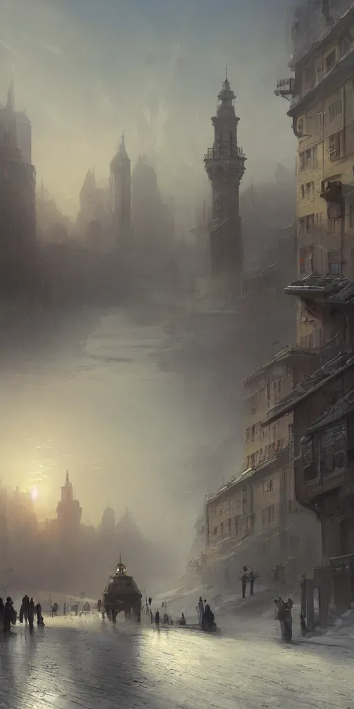 Image similar to 2 0 4 5 train station city landscale, concept art, illustration, highly detailed, artwork, hyper realistic, in style of ivan aivazovsky