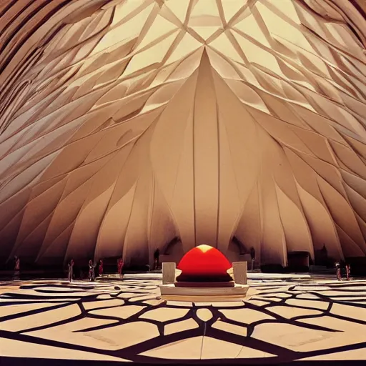 Image similar to interior of a futuristic lotus temple with gold, red and white marble panels, in the desert, by buckminster fuller and syd mead, intricate contemporary architecture, photo journalism, photography, cinematic, national geographic photoshoot