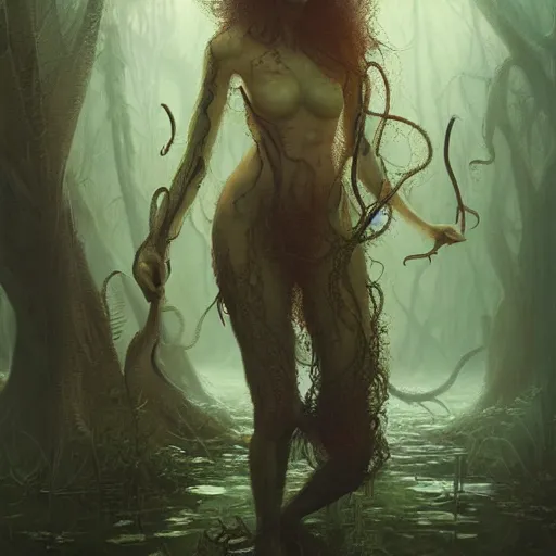 Prompt: happy lovecraftian swamp monster walking through swamp with tentacles by tom bagshaw and krenz cushart