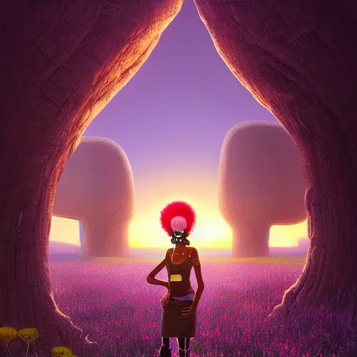 Image similar to an african cyberpunk hacker girl with her headset plugged into a giant glowing baobab tree in the middle of a field of flowers at sunset, by greg rutkowski and android jones in a surreal cyberpunk! style, oil on canvas, 8k hd,