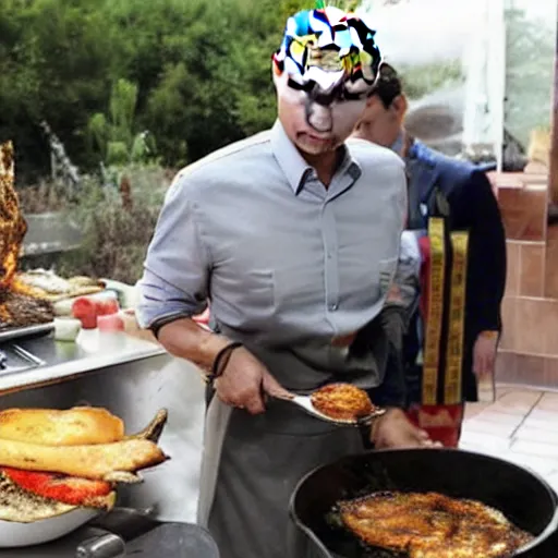 Prompt: Vladimir Putin being cooked on a rotisserie in Spain