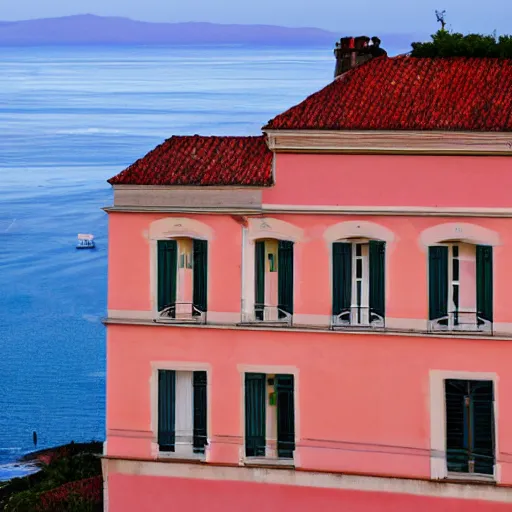 Prompt: a french building. sunset lighting. sea in the background. a moustachoed man by the window.