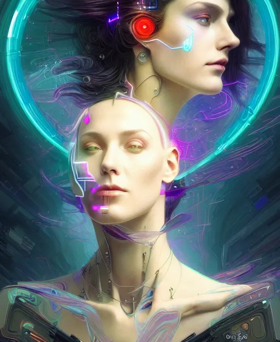 Image similar to a whirlwind of souls rushing inside the metaverse, hologram, half body, neurochip, shaved temple, piercing, jewelry, android, cyborg, cyberpunk face, by loish, d & d, fantasy, intricate, elegant, highly detailed, colorful, digital painting, artstation, concept art, art by artgerm and greg rutkowski and alphonse mucha