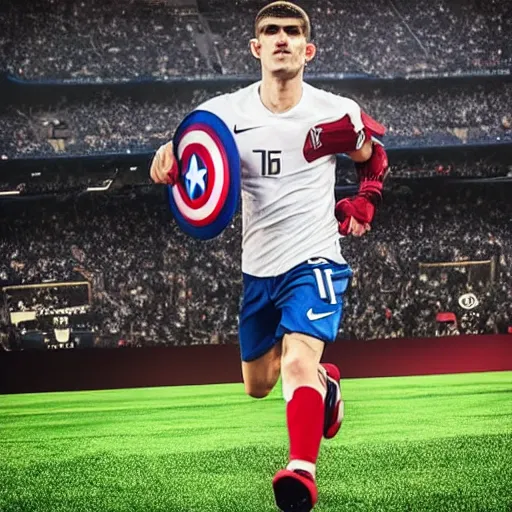 Image similar to “Christian Pulisic in a marvel movie as captain America, 4k, ultra detailed”