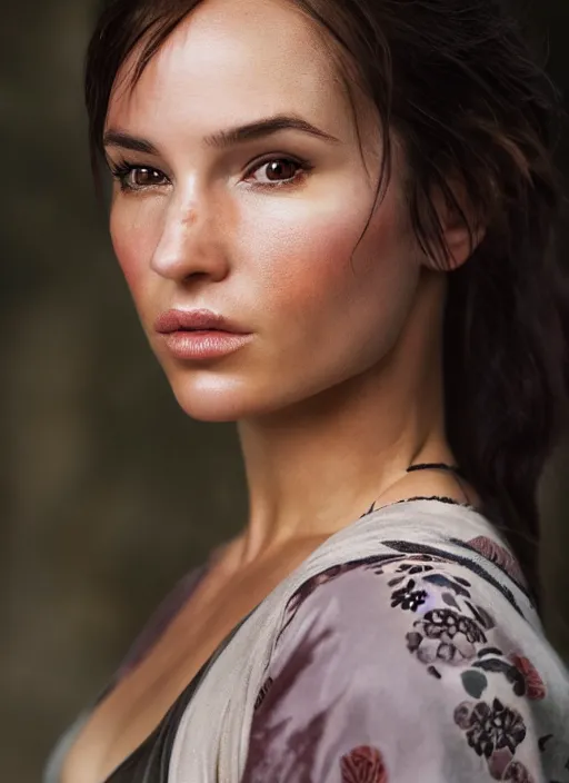 Image similar to portrait of lara croft wearing kimono, by charlotte grimm, natural light, detailed face, beautiful features, symmetrical, canon eos c 3 0 0, ƒ 1. 8, 3 5 mm, 8 k, medium - format print, half body shot