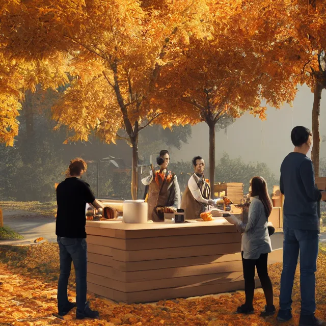 Image similar to pumpkin headed people ordering coffee at a coffee stand, maple trees with fall foliage, volumetric, realistic, cinematic lighting, ray tracing, unreal engine 5, octane render, hyper realistic, photo, 8 k