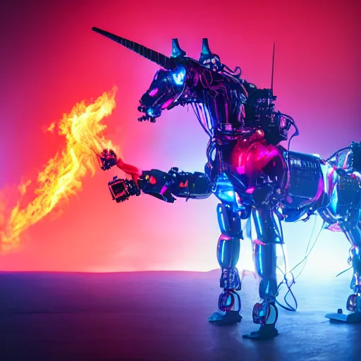 Image similar to a flaming, robotic unicorn, rearing up in front of an endless, digital space, surrounded by drones with cameras, synthwave, dslr photo