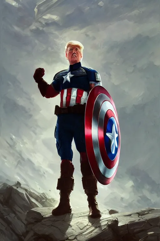 Prompt: a distant cinematic shot of Donald Trump as Captain America, D&D, fantasy, intricate, elegant, highly detailed, digital painting, artstation, concept art, matte, smooth, sharp focus, illustration, art by Artgerm and Greg Rutkowski and Alphonse Mucha, oil painting, 8k, hyper realistic